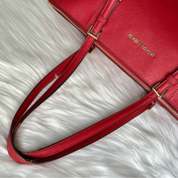 Michael Kors East West Red Leather Top Zip Gold Jet Set Tote - Picture 8 of 10
